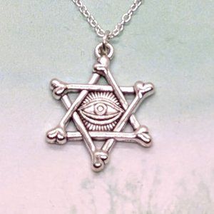 Silver Hexagram of Bones with Third Eye Necklace